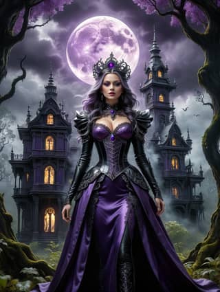 A woman in a purple dress stands in front of a castle, portraying a dark queen.