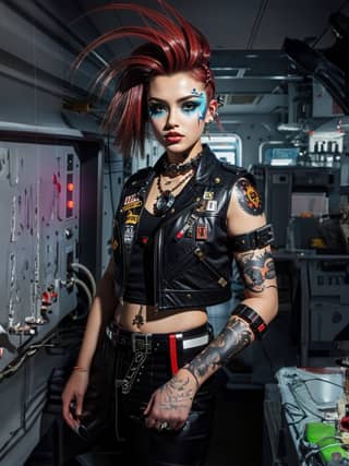 A woman with red hair and tattoos poses in a space ship and in a room, wearing a punk style jacket.