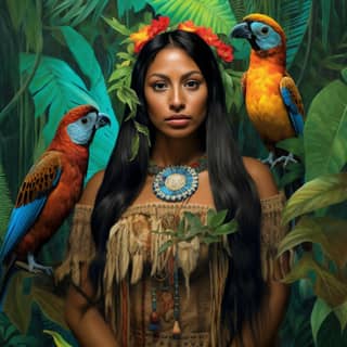 A woman in traditional attire with two parrots, one on her head.