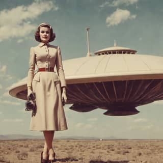 A woman wearing a beige dress standing in front of a UFO.