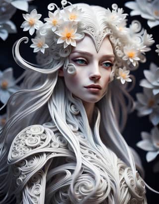 頭髮白了，頭上插着鮮花的女人。