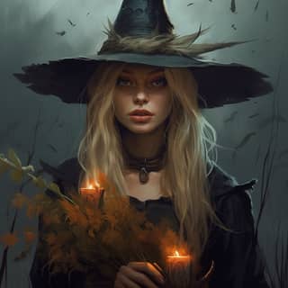 A woman in a witch hat holding candles.