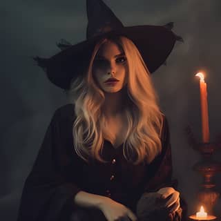 A woman in a witch hat sitting at a table surrounded by candles, with long blonde hair and a black hat, in front of a candle.