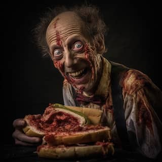 Uno zombie che mangia un hot dog mentre un uomo con il volto sanguinante tiene un panino con salsa di pomodoro.