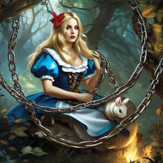 Alice in Wonderland by James McCormick. Sitting in a blue dress on a chain.