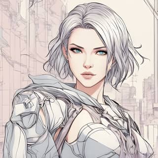 Anime girl with white hair and blue eyes in a city