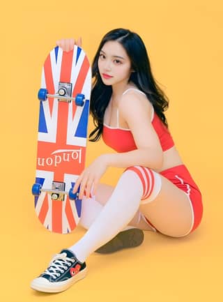 Araford is posing in a red top and white socks while holding a skateboard on a yellow background.