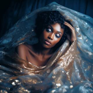 美丽的非裔美国女人穿着金色礼服，头上戴着面纱，用蓝色布料围裹着。