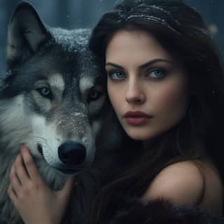 Belle femme aux longs cheveux bruns et aux yeux bleus tenant un loup dans la forêt.