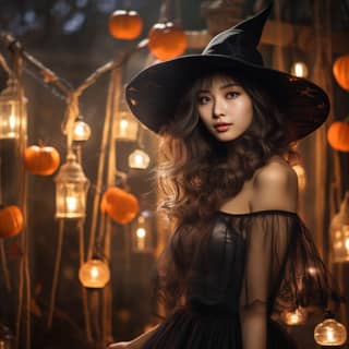 Beautiful woman in witch hat and black dress posing in front of a Halloween decoration.