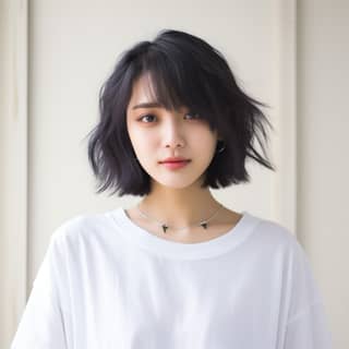 Black hair, white shirt, and necklace. Short haircut is a little bit short.