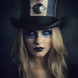 Blond woman with blue eyes and black makeup wearing a top hat.