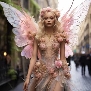 Mujer rubia usando un disfraz de hada rosa camina por la calle.