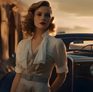 Blond woman in white dress standing next to a car.