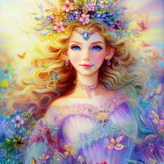 Blonde woman with flowers in her hair, the fairy queen of the fairies.