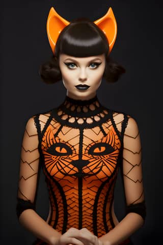 Costume da gatto con capelli arancioni e corna, idee trucco di Halloween per la sposa moderna.