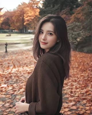 Seorang wanita Cina memakai sweater coklat berdiri di taman dikelilingi daun-daun.