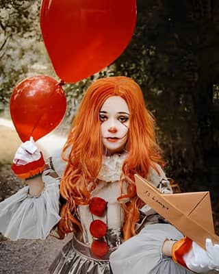 Clown dressed in Pennywise Halloween costume carrying red balloons in the forest.