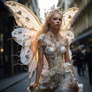 Dressed as a fairy in a white costume, walking down the street.