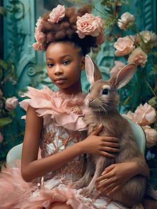 穿粉红色连衣裙的女孩抱着一只兔子。