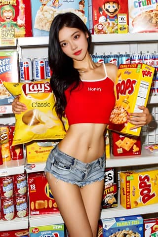 Fille posant avec un sac de chips et une boîte de céréales dans un supermarché.