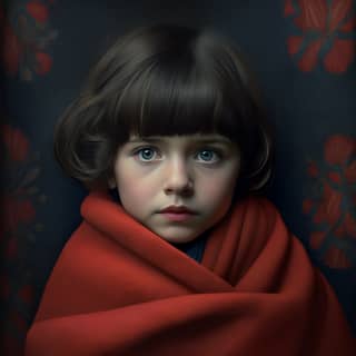 Girl wrapped in a red blanket and scarf, looking at the camera.