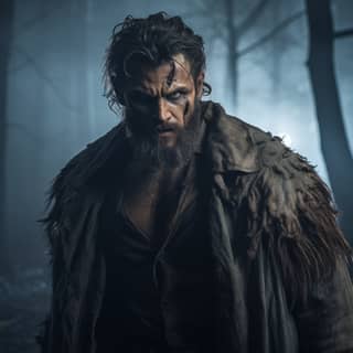 Hugh Jackman portrays Wolverine in the movie, wearing a beard and a leather jacket in a dark forest.