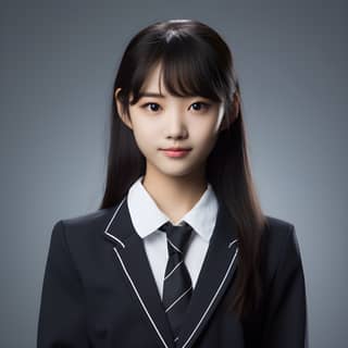 A Japanese girl in a business suit poses for a picture.