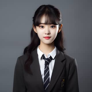 A Korean-American girl in a school uniform and suit and tie is posing for a picture. She is a member of a Korean-American girl group.