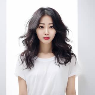 A Korean actress and model with long black hair and a white shirt, as well as red lipstick.