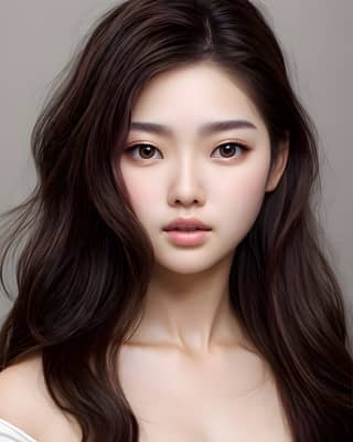 Korean beauty with long hair and a white top.