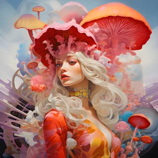 Long blonde hair, with a hat and umbrella in a field.