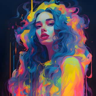 Long hair and colorful neon makeup.