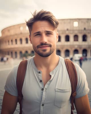 Uomo con uno zaino e una barba in piedi di fronte a un antico Colosseo e a un edificio.