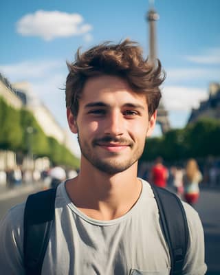 Hombre con una mochila parado frente a la Torre Eiffel y sonriendo.