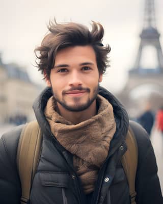 Pria berjanggut dan membawa ransel di depan Menara Eiffel.