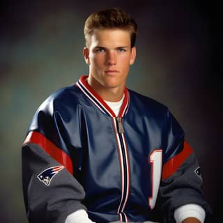 Pria dalam jaket biru dan merah berpose untuk foto dengan New England Patriots.