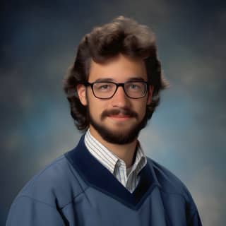 Uomo con gli occhiali e la barba in maglione blu.