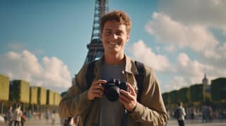 Man holding a camera in front of the Eiffel Tower.