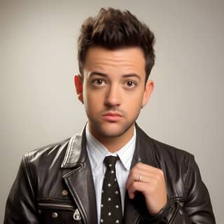 Man in a leather jacket and tie posing for a picture with a black jacket and a white shirt.