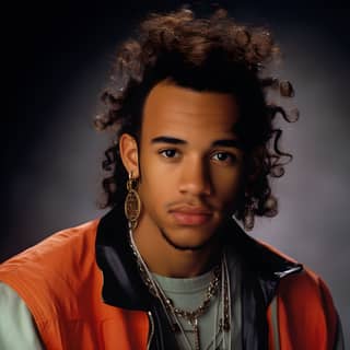 Man with long curly hair and earring, wearing a necklace.