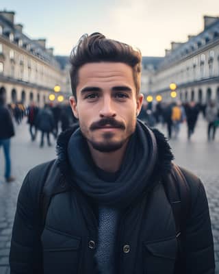 Man with mustache and beard standing in city street.