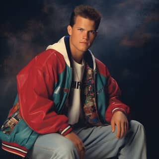 Man in red jacket and blue jeans sitting on stool.