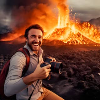 Man takes picture of lava field in front of a volcano.