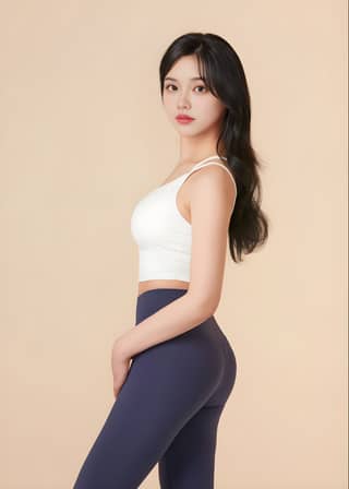 모델과 여배우가 흰 톱과 파란 레깅스를 입고 포즈를 취하고 있음