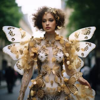 Modelo luciendo un vestido dorado con alas de mariposa y un disfraz de mariposa con un gato en la espalda, junto con un vestido hecho de flores.