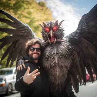 Posing with a statue of an owl next to a large bird.