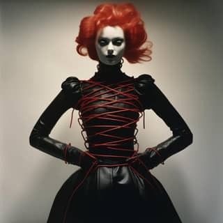 以电影角色而闻名的红发模特，穿着黑色皮裙。