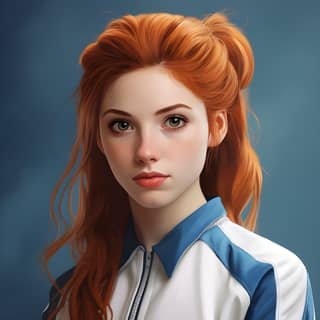 Redhead girl with long hair and blue eyes, wearing a blue and white shirt.