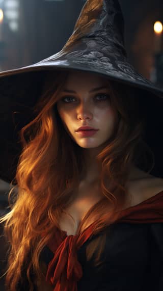 Redhead woman posing in a witch hat against a dark background.